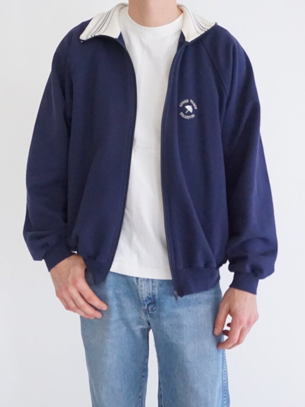 Vintage Arnold Palmer Navy Golf Full Zip Mock Neck Jacket Cotton Blend Casual L